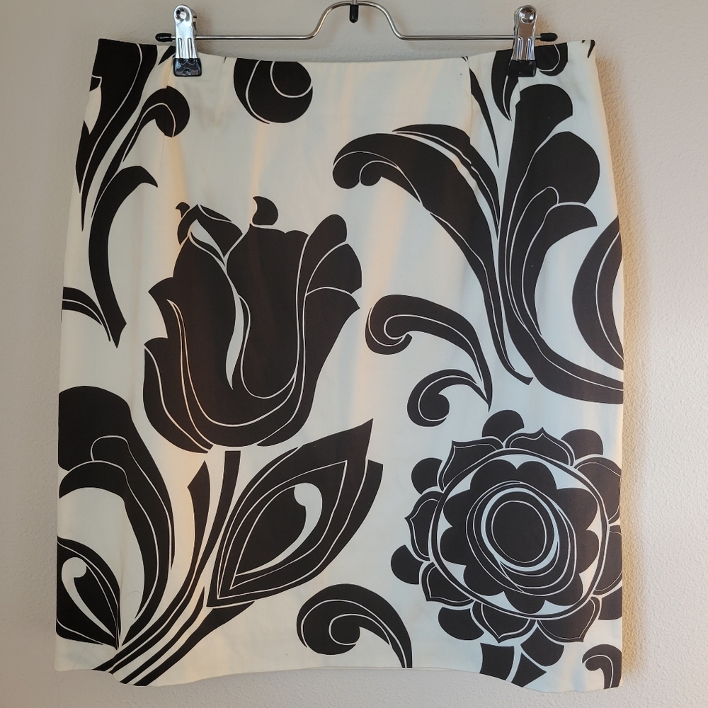 Talbots Floral Print Cotton Stretch Pencil Skirt 14 Brown Bold Career Groovy